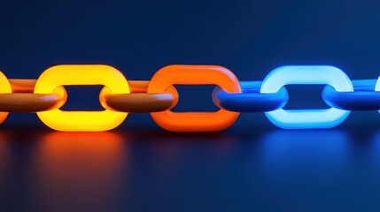 Obraz premium Brightly Colored Links of a Chain in Vibrant Orange and Blue Glow Against a Dark Background, Creating a Modern and Striking Visual Effect
