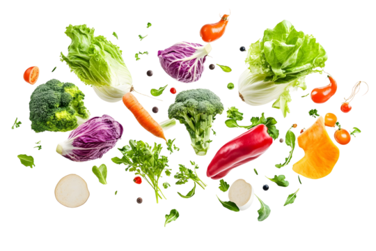 Floating vegetables isolated on a transparent background