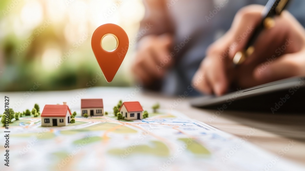 Poster real estate concept with 3d house models and location pin on a map representing property search and 
