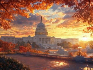 Obraz premium Capitol: United States Capitol Building in Brilliant Autumn Sunset - Washington, DC, Architecture Icon
