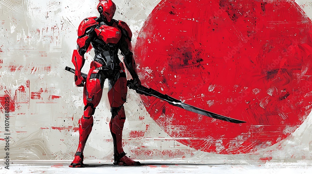 Poster futuristic red samurai robot stands boldly with a sword against a circular red and white background 