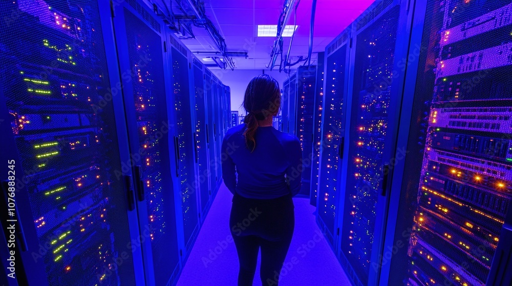 Poster a person observing rows of illuminated server racks in a high-tech data center with colorful led lig
