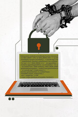 Composite trend artwork sketch image collage of hand fist gesture chain control jail laptop display...