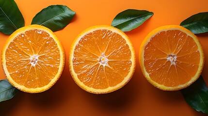 Fototapeta premium Three oranges are cut in half and placed on a table with green leaves