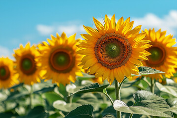 Fototapeta premium Bright sunflowers bloom in a vibrant field under a clear sky
