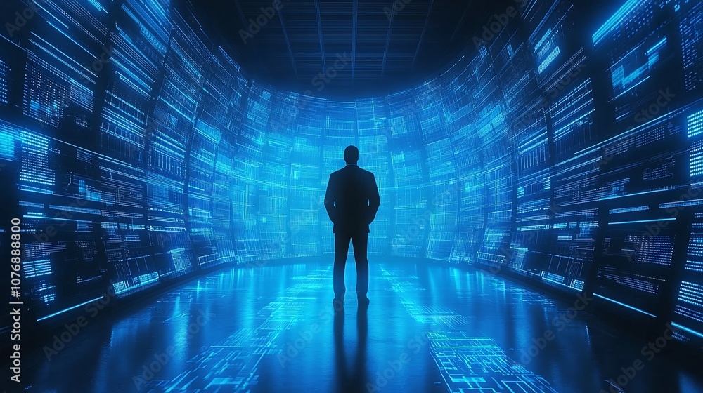 Aufkleber a silhouetted figure standing in a high-tech environment surrounded by streams of glowing data and e