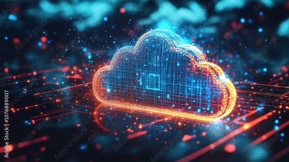 Poster futuristic representation of cloud computing with digital data flow and glowing cloud icon in a neon