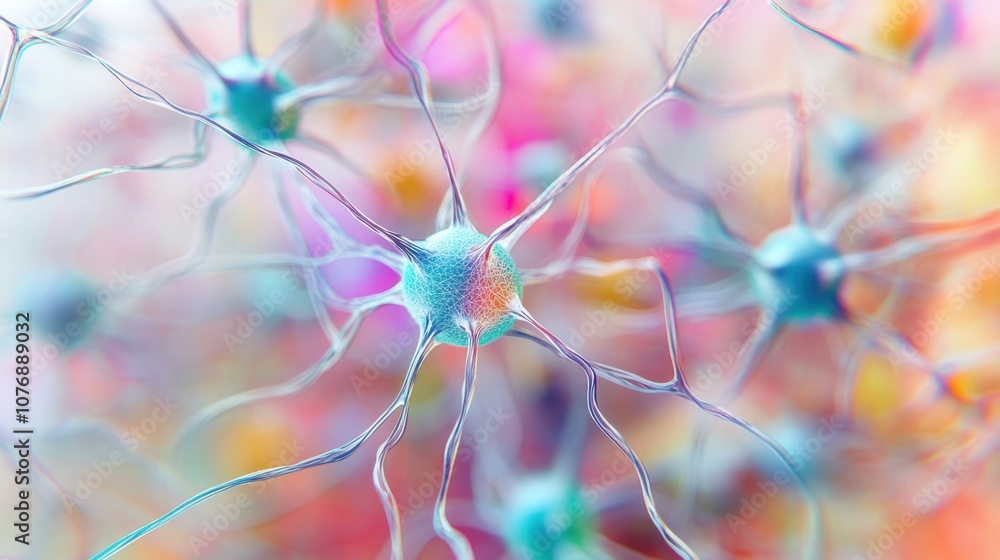 Poster abstract representation of colorful neurons with intricate connections showcasing the complex struct