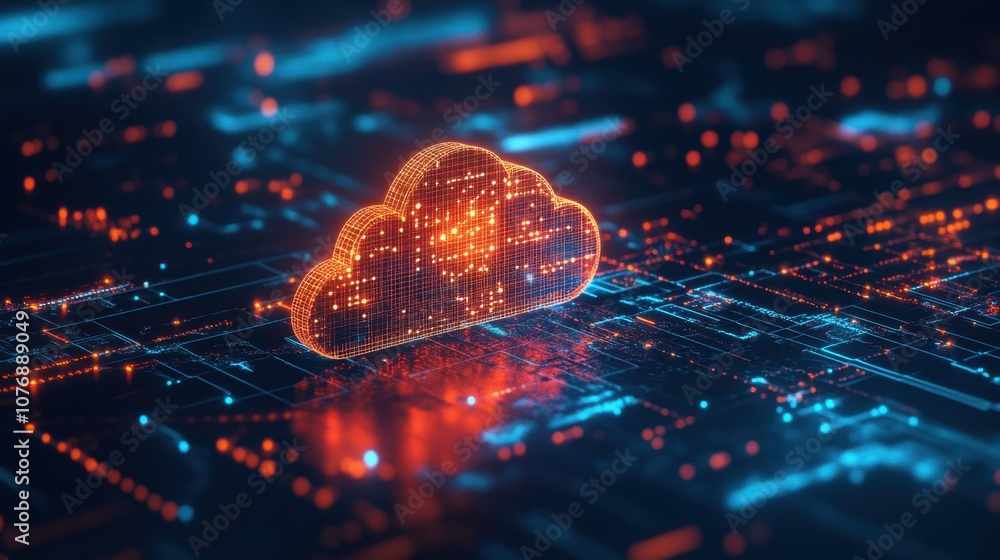 Poster digital cloud computing concept with futuristic data visualization in neon colors for technology and