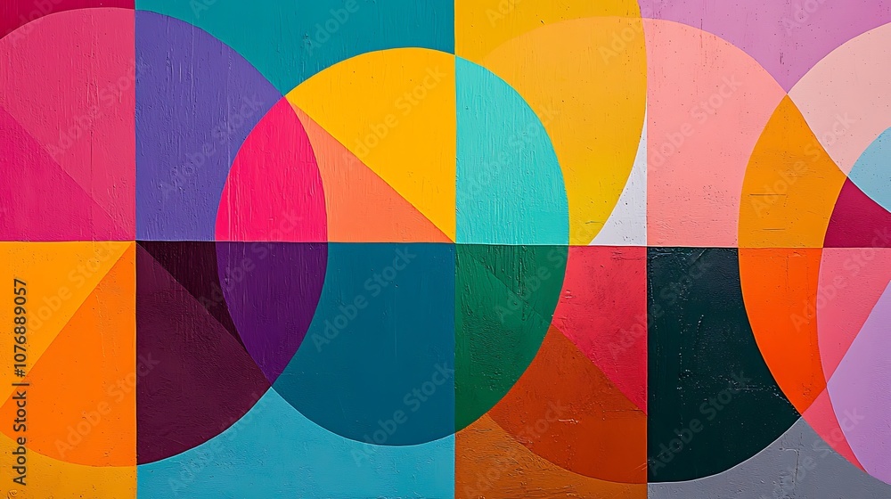 Aufkleber bright and vibrant abstract geometric mural with colorful circular shapes and curved lines in a mode