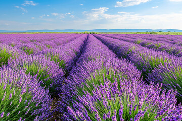 Vibrant lavender fields blooming under a clear blue sky during summer