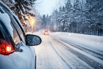 Obraz premium Car parked on a snowy road in a forest during a snowfall