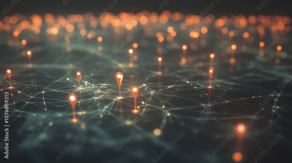 Poster abstract representation of interconnected data points and glowing markers forming a digital network 