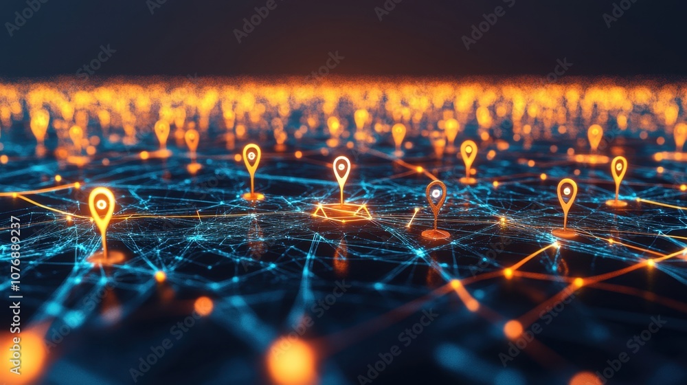Poster abstract network of geolocation pins with bright glowing lights representing data connectivity and d