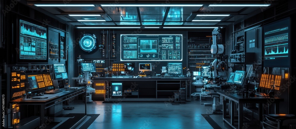 Poster futuristic high tech lab with screens, computers, and robots.