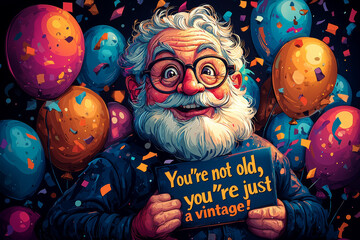 Smiling man with a sign that says 'You're not old, you're just a vintage' surrounded by colorful balloons, Happy Birthday