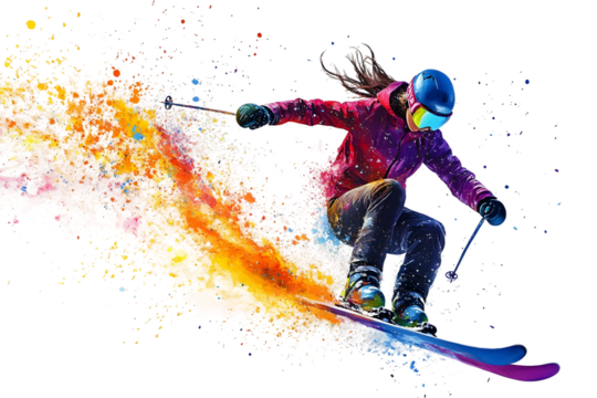 A female skiing creating a color splash isolated on a transparent background