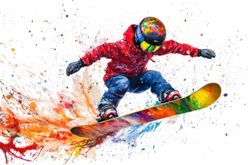 a boy skiing creating a color splash isolated on a transparent background