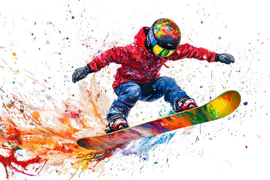 a boy skiing creating a color splash isolated on a transparent background
