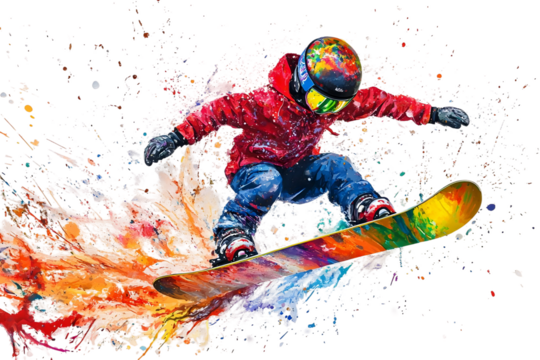 a boy skiing creating a color splash isolated on a transparent background