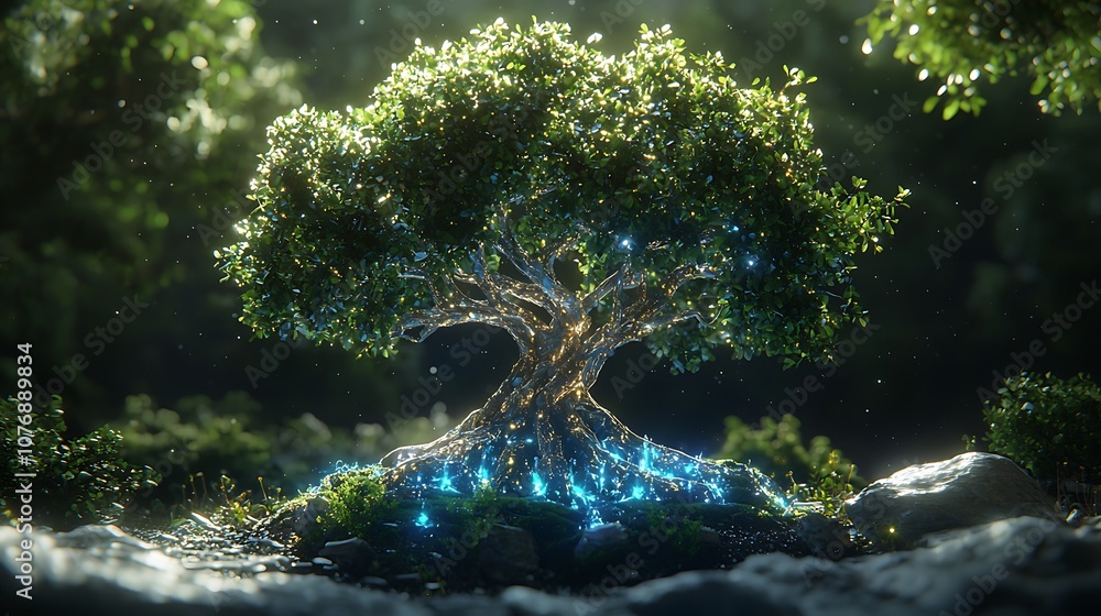 Poster luminous fantasy tree glowing in enchanted forest with sparkling lights and mystical atmosphere surr
