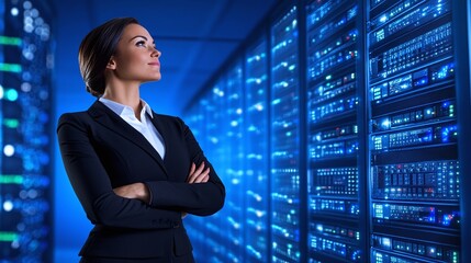 Fototapeta premium Confident Businesswoman Standing in Front of Server Racks in Data Center, Highlighting Technology and Innovation in Modern Digital World