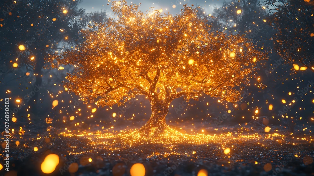 Aufkleber glowing tree surrounded by magical particles in enchanted forest setting at twilight, creating a mys