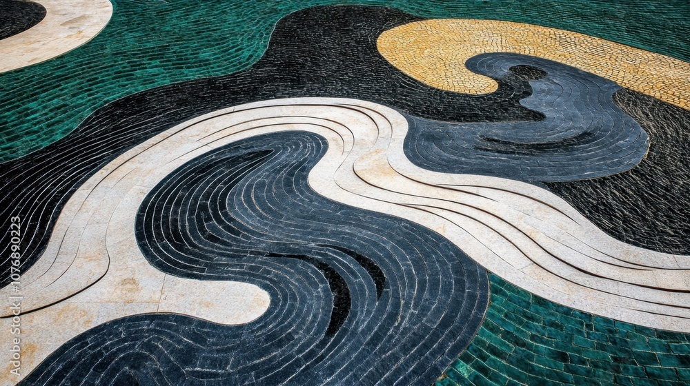 Poster abstract mosaic pattern with curved lines in green, black, and yellow colors, creating a unique deco