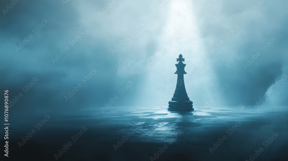 Poster mystical chess king in a foggy realm with rays of light illuminating the piece amidst shadows and a 