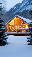 Fototapeta premium A log cabin shines warmly from within, surrounded by snow-covered trees and mountains during twilight