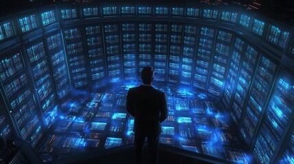 Futuristic Data Center with Blue Lights, Male Figure Overlooking Server Racks in Modern Technology Environment, Digital Infrastructure Concept, Cybersecurity and Data Management Vision