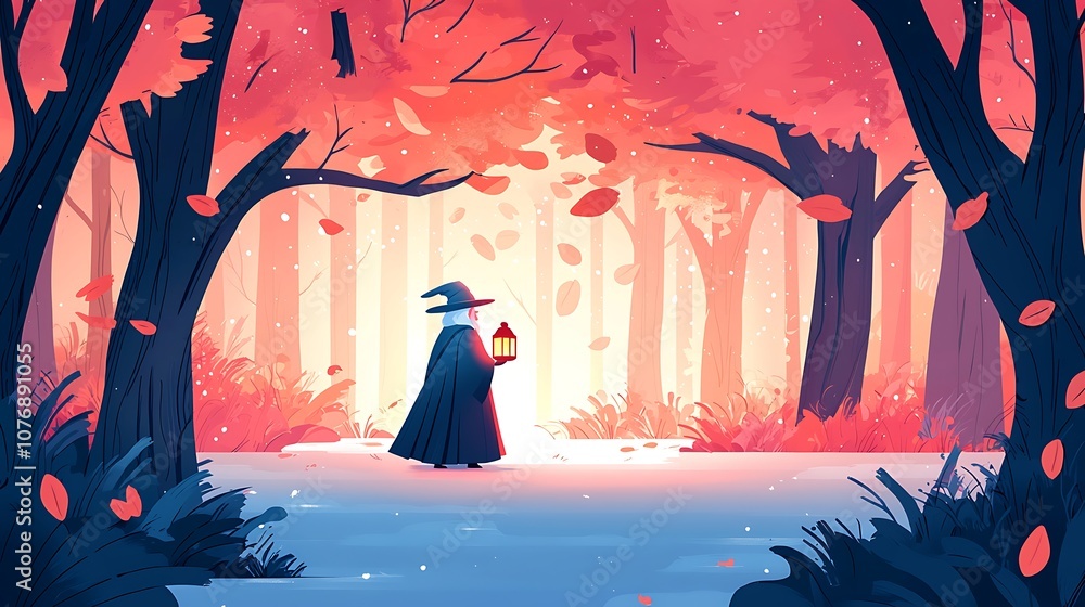 Poster enchanted forest scene with a mysterious figure holding a lantern surrounded by colorful autumn foli
