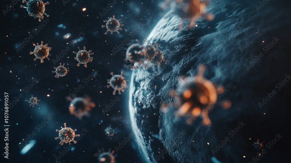 Poster stunning visualization of viruses in space surrounding earth, capturing the intricate details of mic