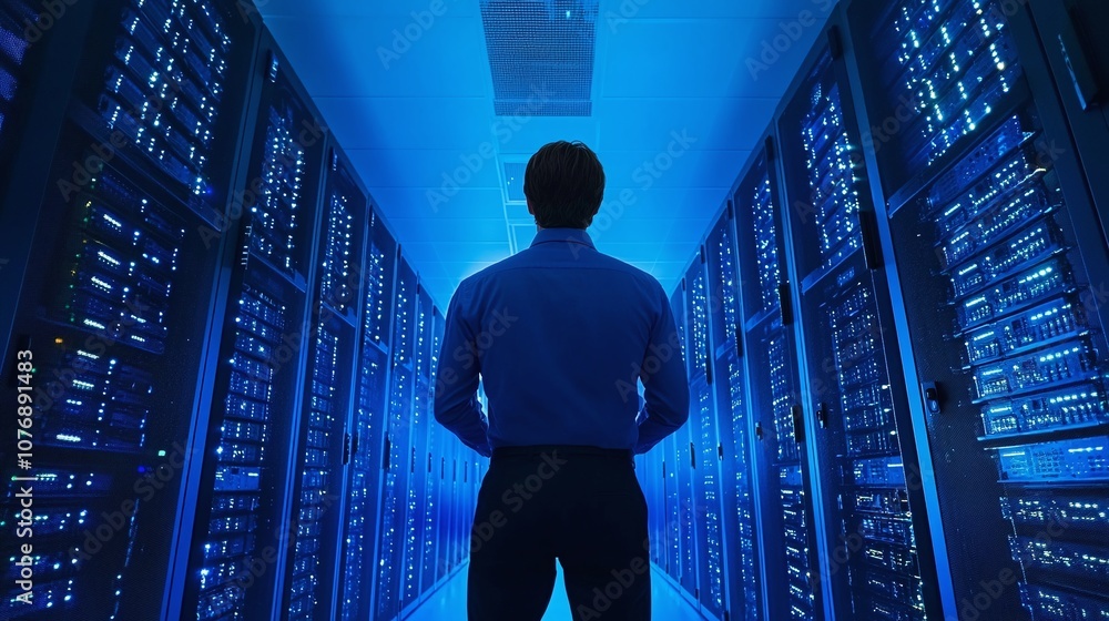 Poster man in blue shirt observing modern data center with rows of servers illuminated by blue light, symbo