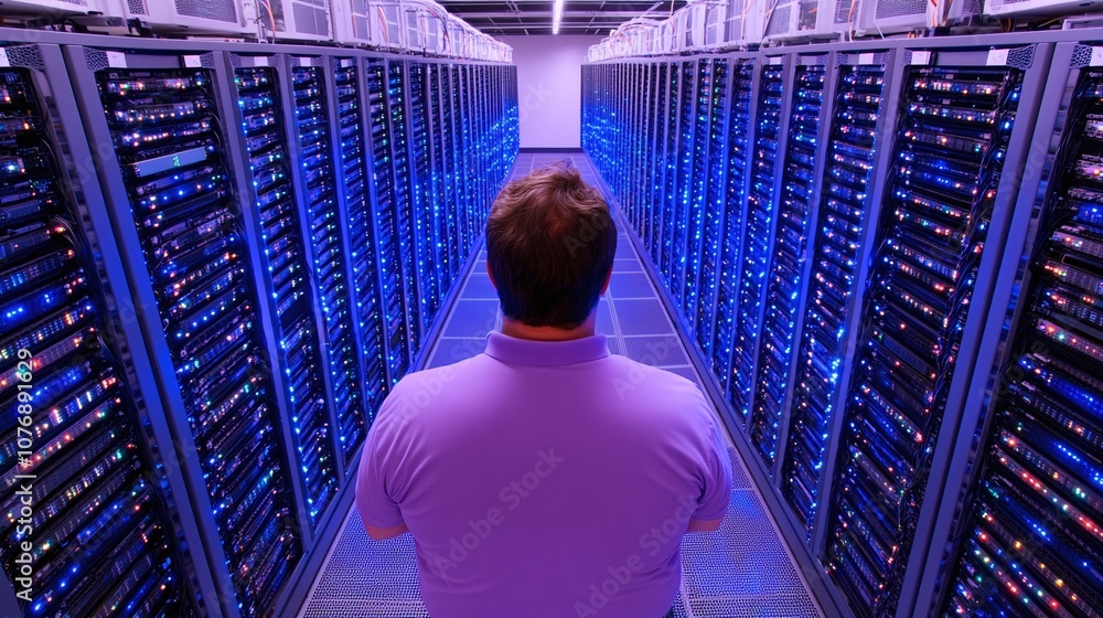Poster man observing data center with rows of servers and colorful led lights, symbolizing technology, conn