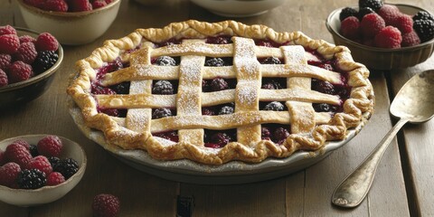 A freshly baked berry pie sits on a wooden surface, showcasing a beautifully woven lattice crust. Surrounding it are bowls of ripe raspberries, highlighting the pie's fruity filling.
