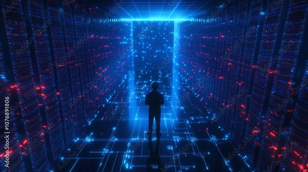 Poster man standing before a futuristic digital portal surrounded by data streams in a high-tech server roo