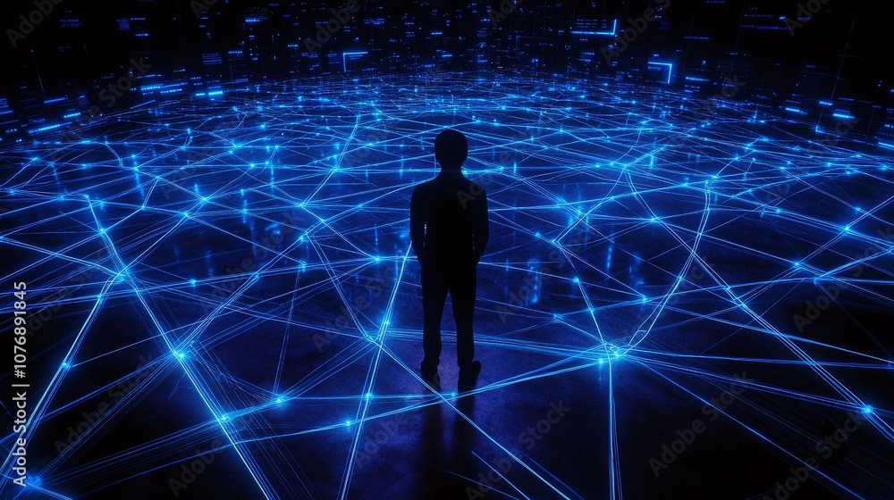 Poster man standing in a virtual space surrounded by glowing blue connecting lines, representing data, tech