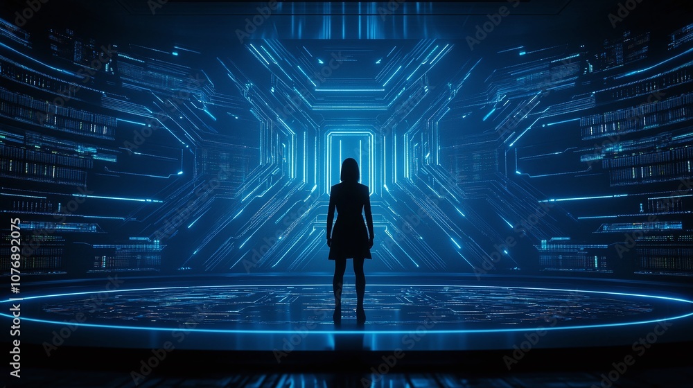 Poster mysterious figure in futuristic digital space with neon light patterns, exploring technology and inn