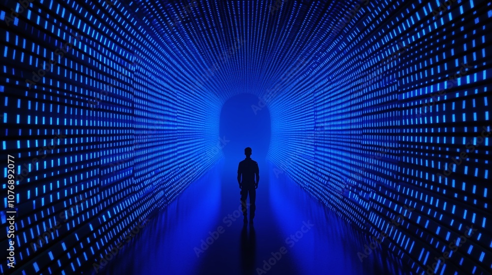 Poster mysterious figure standing in a blue illuminated tunnel, creating a surreal atmosphere of technology