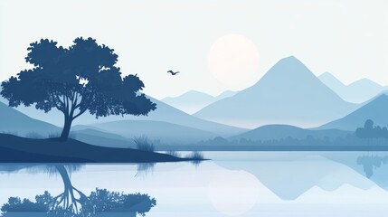 Serene Mountain Lake Landscape. Flat Minimalist Style.