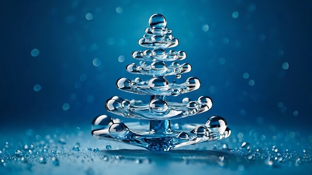 Creative tree made of water drops. Water drops arranged in the shape of a Christmas tree, blue background