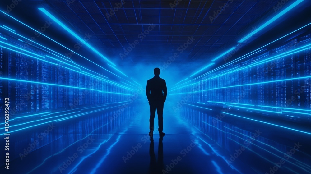 Poster mysterious silhouette of a business person in a high-tech digital environment with blue light and da