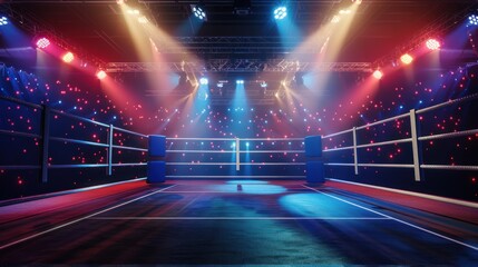 Professional boxing arena in lights 3d rendering