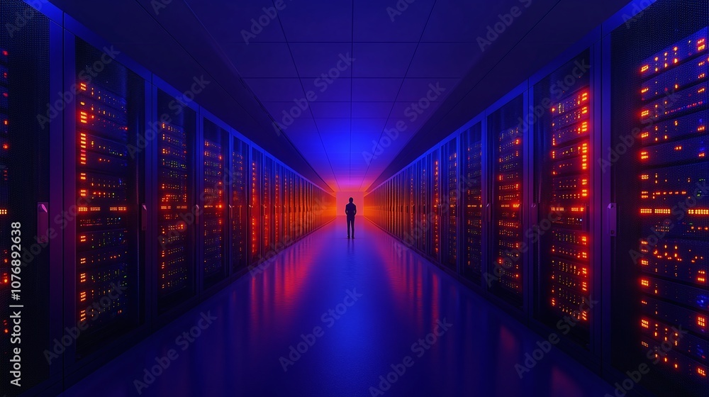 Poster mystical data center corridor with glowing server racks and a silhouette of a person walking towards