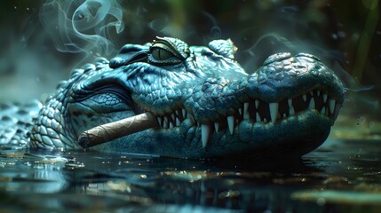 Obraz premium A crocodile is laying in the water with a cigarette in its mouth