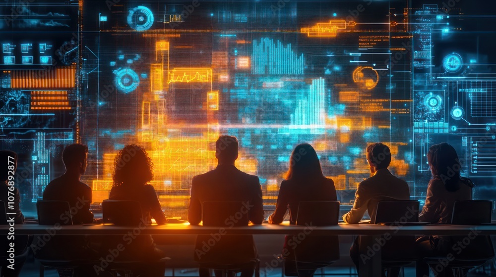 Poster a group of people are looking at a large screen filled with data and graphs. the screen is lit up in