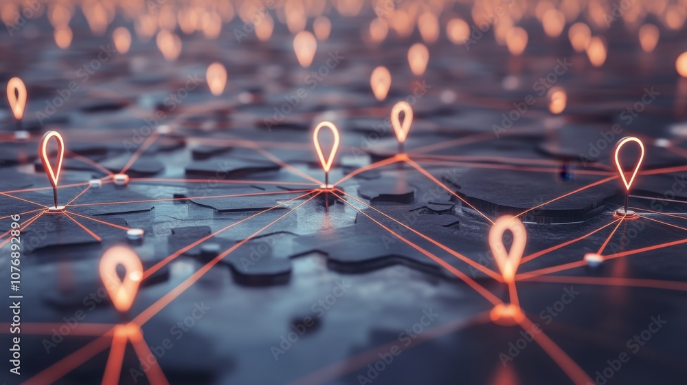 Poster abstract network connections with glowing location pins on dark background, representing data sharin