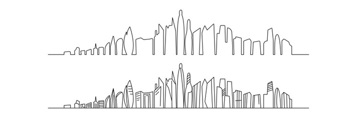 Fototapeta premium One line city. Skyscraper buildings, linear town cityscape and modern downtown or business district vector illustration set