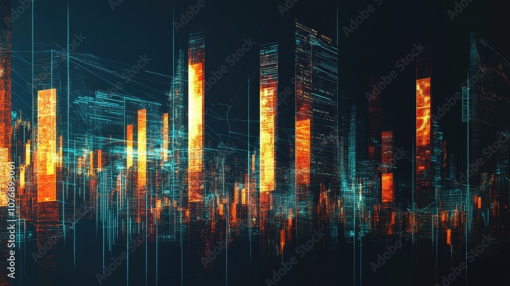 Poster abstract representation of digital financial charts with glowing vertical bars and interconnected da